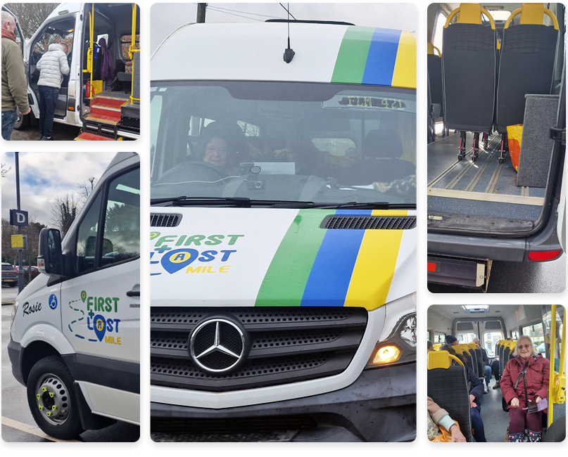 A white bus displaying the words "First & last Mile" prominently on its side and front. 